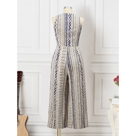 Women Geometric Print Crew Neck Sleeveless Bohemian Wide Leg Jumpsuit