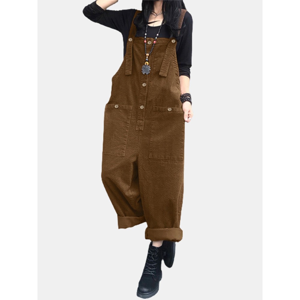 Solid Color Button Pocket Sleeveless Casual Corduroy Jumpsuit for Women Solid Color Button Pocket Sleeveless Casual Corduroy Jumpsuit for Women