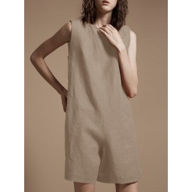 Solid Zip Back Sleeveless Pocket Crew Neck Jumpsuit