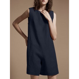 Solid Zip Back Sleeveless Pocket Crew Neck Jumpsuit