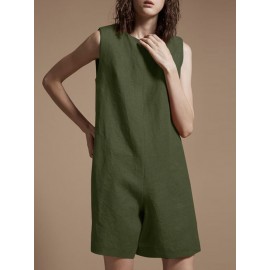 Solid Zip Back Sleeveless Pocket Crew Neck Jumpsuit