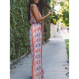 Women Floral Geometric Print V-Neck Bohemian Sleeveless Jumpsuit