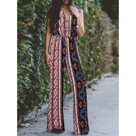 Women Floral Geometric Print V-Neck Bohemian Sleeveless Jumpsuit