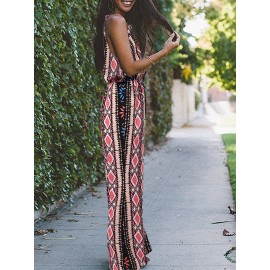Women Floral Geometric Print V-Neck Bohemian Sleeveless Jumpsuit