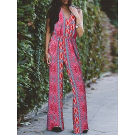Women Floral Geometric Print V-Neck Bohemian Sleeveless Jumpsuit