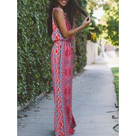 Women Floral Geometric Print V-Neck Bohemian Sleeveless Jumpsuit