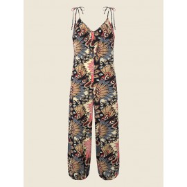 Women Allover Print Backless Tie Shoulder Strap Jumpsuit