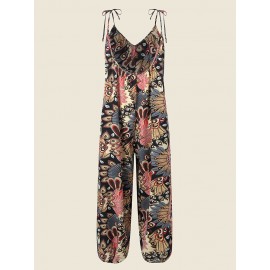 Women Allover Print Backless Tie Shoulder Strap Jumpsuit