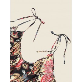 Women Allover Print Backless Tie Shoulder Strap Jumpsuit