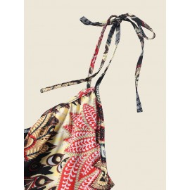 Women Allover Print Backless Tie Shoulder Strap Jumpsuit