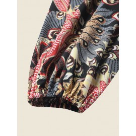 Women Allover Print Backless Tie Shoulder Strap Jumpsuit