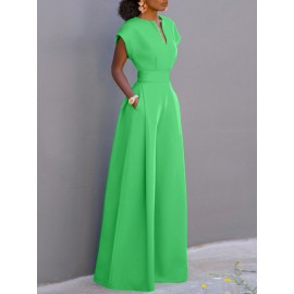 Women Solid Notched Neck Short Sleeve Wide Leg Jumpsuit