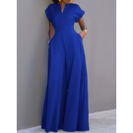 Women Solid Notched Neck Short Sleeve Wide Leg Jumpsuit