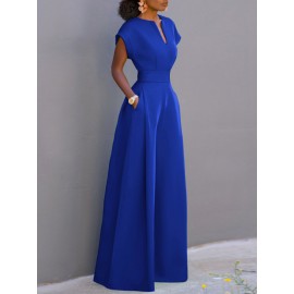 Women Solid Notched Neck Short Sleeve Wide Leg Jumpsuit