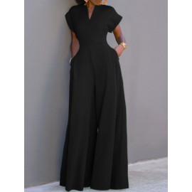 Women Solid Notched Neck Short Sleeve Wide Leg Jumpsuit