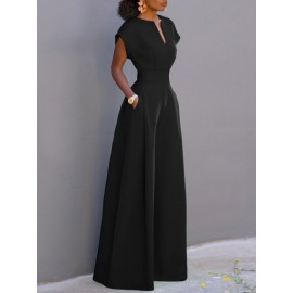 Women Solid Notched Neck Short Sleeve Wide Leg Jumpsuit