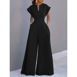 Women Solid Notched Neck Short Sleeve Wide Leg Jumpsuit