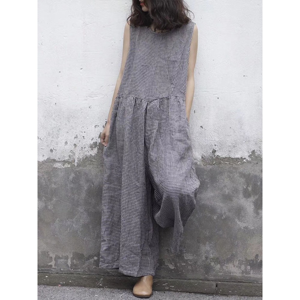 Plaid Wide Leg Sleeveless Baggy Black Overalls Jumpsuit Plaid Wide Leg Sleeveless Baggy Black Overalls Jumpsuit