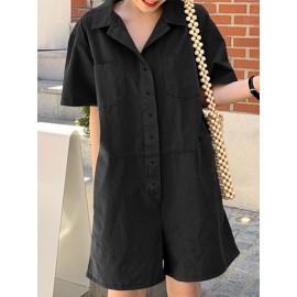 Women Solid Lapel Double Pocket Button Front Casual Jumpsuit
