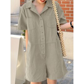 Women Solid Lapel Double Pocket Button Front Casual Jumpsuit