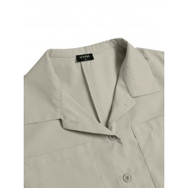 Women Solid Lapel Double Pocket Button Front Casual Jumpsuit