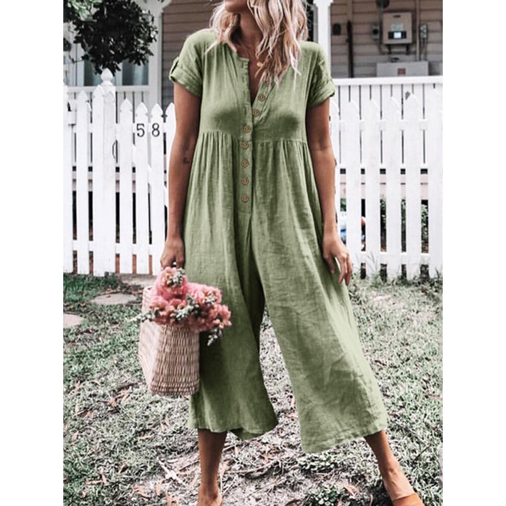 Solid Color Button Casual Wide Legs Short Sleeve Jumpsuit Solid Color Button Casual Wide Legs Short Sleeve Jumpsuit