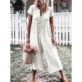 Solid Color Button Casual Wide Legs Short Sleeve Jumpsuit Solid Color Button Casual Wide Legs Short Sleeve Jumpsuit