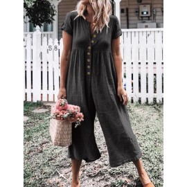 Solid Color Button Casual Wide Legs Short Sleeve Jumpsuit Solid Color Button Casual Wide Legs Short Sleeve Jumpsuit