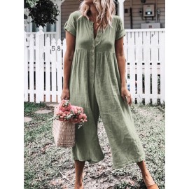 Solid Color Button Casual Wide Legs Short Sleeve Jumpsuit Solid Color Button Casual Wide Legs Short Sleeve Jumpsuit