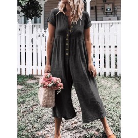 Solid Color Button Casual Wide Legs Short Sleeve Jumpsuit Solid Color Button Casual Wide Legs Short Sleeve Jumpsuit