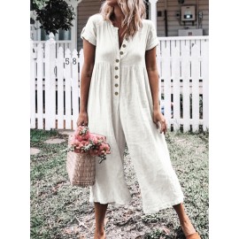 Solid Color Button Casual Wide Legs Short Sleeve Jumpsuit Solid Color Button Casual Wide Legs Short Sleeve Jumpsuit