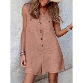 Solid Pocket Button Sleeveless V Neck Casual Romper Solid Pocket Button Sleeveless V Neck Casual Romper