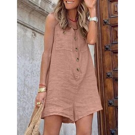 Solid Pocket Button Sleeveless V Neck Casual Romper Solid Pocket Button Sleeveless V Neck Casual Romper