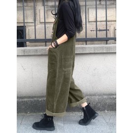 Solid Corduroy Pocket Casual Sleeveless Wide Leg Jumpsuit Solid Corduroy Pocket Casual Sleeveless Wide Leg Jumpsuit