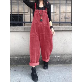 Solid Corduroy Pocket Casual Sleeveless Wide Leg Jumpsuit Solid Corduroy Pocket Casual Sleeveless Wide Leg Jumpsuit