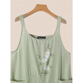 Women Floral Print Crew Neck Sleeveless Jumpsuit With Pocket