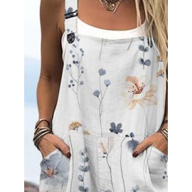 Women Floral Plant Print Double Pocket Overalls Jumpsuit