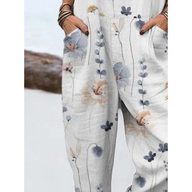 Women Floral Plant Print Double Pocket Overalls Jumpsuit