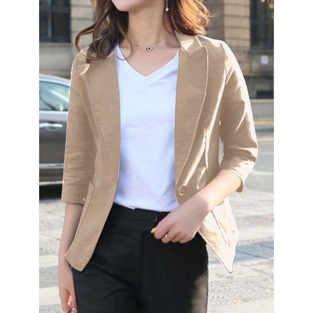 Solid Lapel Pocket Button Front 3/4 Sleeve Blazer