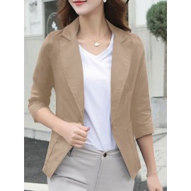 Solid Lapel Pocket Button Front 3/4 Sleeve Blazer