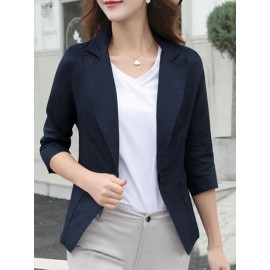 Solid Lapel Pocket Button Front 3/4 Sleeve Blazer