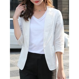 Solid Lapel Pocket Button Front 3/4 Sleeve Blazer