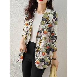 Plants Print Long Sleeve Lapel Blazer For Women