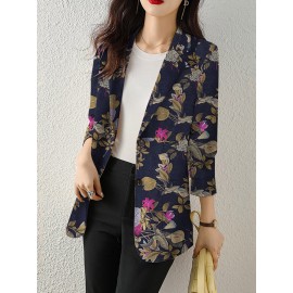 Plants Print Long Sleeve Lapel Blazer For Women
