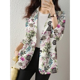 Plants Print Long Sleeve Lapel Blazer For Women
