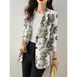 Plants Print Long Sleeve Lapel Blazer For Women