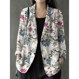 Floral Print Casual Lapel Collar Button Women Loose Blazer