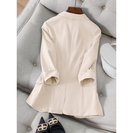 Solid Pocket 3/4 Sleeve Lapel Blazer For Women
