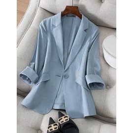 Solid Pocket 3/4 Sleeve Lapel Blazer For Women