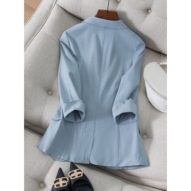 Solid Pocket 3/4 Sleeve Lapel Blazer For Women